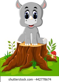 Cartoon rhino sitting on tree stump