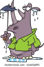 cartoon rhino with umbrella in spring showers