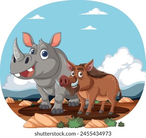 Cartoon rhino and warthog standing together outdoors.