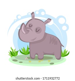 cartoon rhino. Wild animal of Africa. Stylized character in the location. Glade with plants and sky. simplified style. Vector stock illustration. educational card for children. wildlife