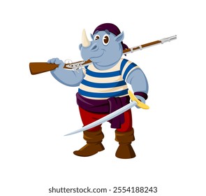 Cartoon rhinoceros animal pirate and corsair character wearing a striped shirt, red pants, and purple headscarf. Isolated vector adventurous rhino holding musket over its shoulder and sword in hand