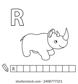 Cartoon rhinoceros coloring pages. Learning game for small children - write a word in English language. Vector alphabet for kids