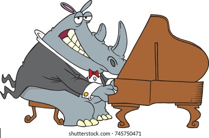 cartoon rhinoceros pianist dressed in a tuxedo sitting at a piano