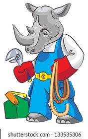 Cartoon rhinoceros is the plumber with an adjustable spanner and a hose, all layers separately, it is easy to change color and the size, gradients and transparency are not present