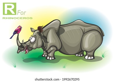 A cartoon rhinoceros is standing in the field. And on top of its horns stands a pink-blue bird looking at the rhinoceros. R for rhinoceros.