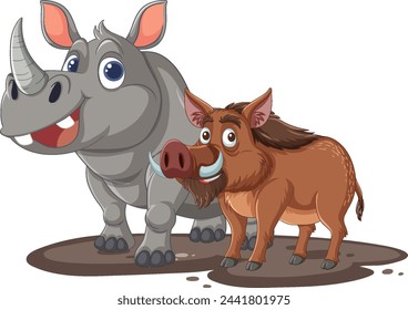 Cartoon rhinoceros and wild boar standing together