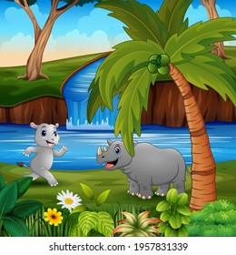 Cartoon the rhinos playing by the river illustration