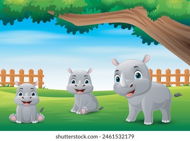 Cartoon rhinos playing in the jungle