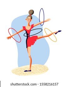 Cartoon rhythmic female gymnastics character with hoops isolated on white. Athletes with equipment. Woman doing some acrobatic elements. Circus show performance. Vector flat illustration