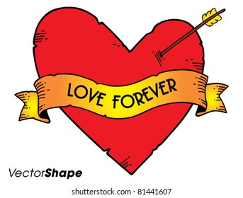 Cartoon ribbon around wounded heart with arrow vector illustration