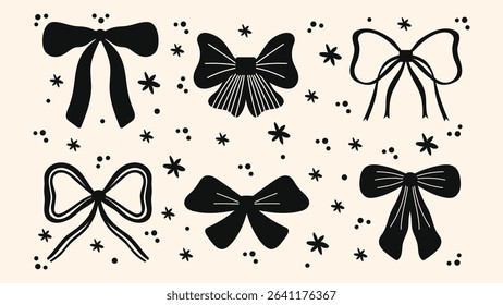 Cartoon ribbon bows accessories Vector set of black vintage girly bows. Cute trendy stickers in coquette style for fashion decoration, hair accessories, poster design, and playful graphics.