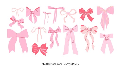 Cartoon ribbon bows accessories.Pink vintage girly pink bows for hair decoration.Cute trendy stickers set in coquette style