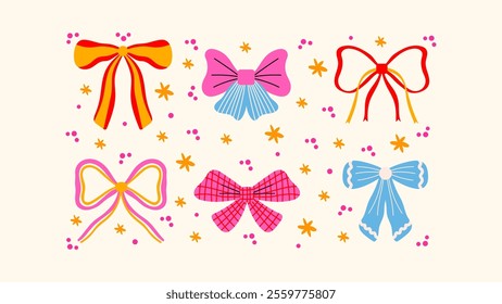 Cartoon ribbon bows accessories.Pink vintage girly pink bows for hair decoration.Cute trendy stickers set in coquette style.