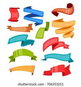 Cartoon ribbons and colorful festive banners or flags. Decoration waving bands and tapes for greeting card, celebration or congratulation design elements on white background. 