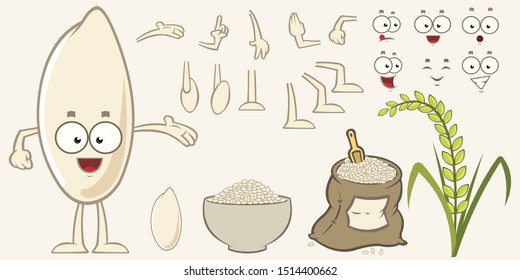 Cartoon rice character set. Eyes, arms, mouths and legs. Varied expressions. Rice plant, rice bowl and rice bag.