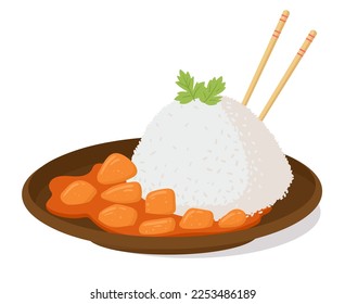 Cartoon rice and chicken curry. Asian food, traditional cuisine dish, rice and fried meat flat vector illustration on white background