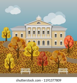 Cartoon rich manor house or palace in colorful autumn landscape. Scene with mansion and autumn garden with colorful trees.  Cartoon or game asset background. Vector illustration