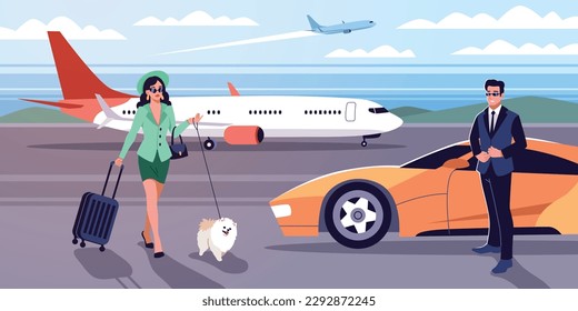 Cartoon rich people characters. Personal driver meets lady at airport, girl in expensive clothes with suitcase and dog, luxury automobile, expensive life, happy millionaire tidy vector concept