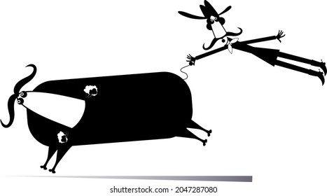 Cartoon rider and a balky bull isolated illustration.
Rodeo. Farmer or cowboy catches a running bull by tail black on white
