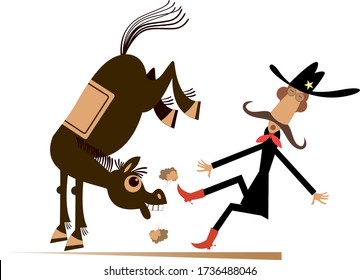 Cartoon rider and a balky horse isolated illustration. Funny horse kicks a confused long mustache man or cowboy isolated on white 
