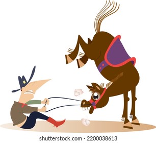 Caricaturista y un caballo balbuceo aislado ilustraciones. 
Rodeo. Hombre o vaquero está tratando de sostener al caballo aplastado. Aislado sobre fondo blanco
