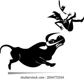 Cartoon Rider Falls From The Bull Illustration.
Rodeo. Angry Bull Kicks A Confused Long Mustache Man Or Cowboy Black On White 
