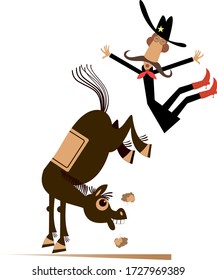 Cartoon rider falls from the horse illustration. Funny horse kicks a falling down long mustache man or cowboy isolated on white 
