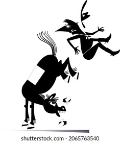 Cartoon rider falls from the horse illustration. 
Funny horse kicks a falling down man or cowboy black on white
