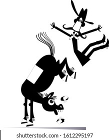 Cartoon rider falls from the horse isolated illustration. Funny horse kicks a falling down long mustache man or cowboy black on white 

