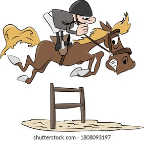 Cartoon rider jumping with his horse in an equestrian show jumping competition vector illustration