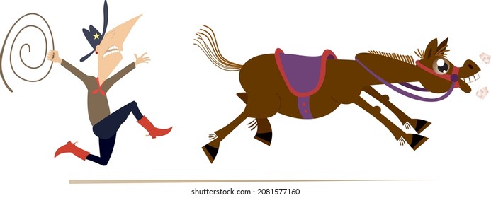 Cartoon rider lassoes a horse isolated illustration. 
Rodeo. Farmer or cowboy tries to stop the running away horse with lasso isolated on white background
