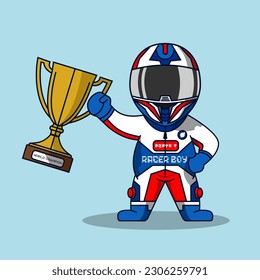 Cartoon rider wearing helmet and racing suit.