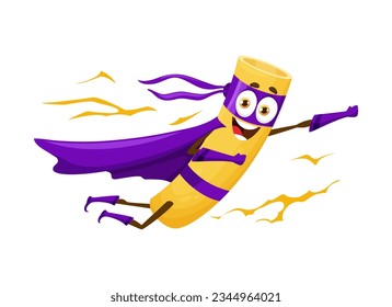 Cartoon rigatoni italiano pasta comida de súper héroe personaje. Vector aislado extravagante y divertido súper héroe personaje de fideos, equipado con superpoderes volando para salvar el día con un delicioso giro y reír