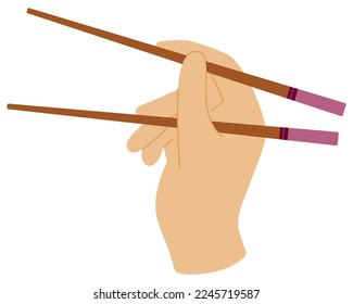 Cartoon right hand of person using bamboo chopsticks on white background