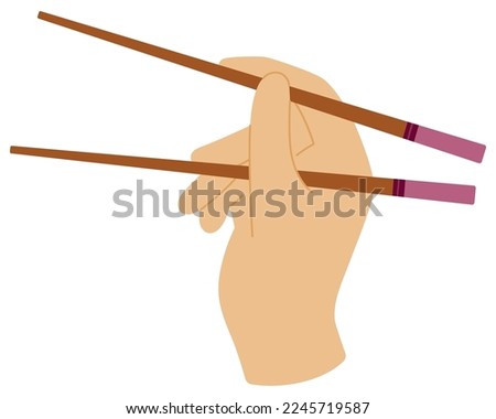 Cartoon right hand of person using bamboo chopsticks on white background