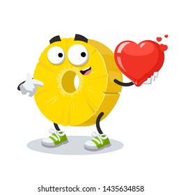 cartoon ring of canned pineapple character mascot keeps the heart on white background