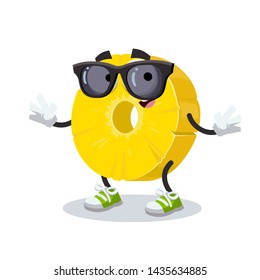 cartoon ring of canned pineapple character mascot in black sunglasses on a white background