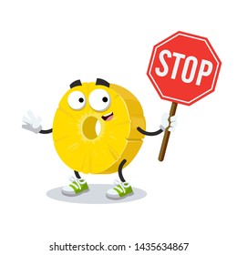 cartoon ring of canned pineapple mascot with tablet stop in hand on white background