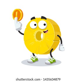 cartoon ring of canned pineapple mascot keeps the coin on white background