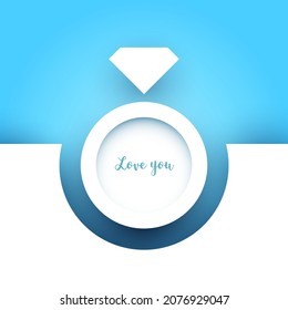 Cartoon ring with diamond in modern geometric paper cut style. Minimalistic colorful design composition. Template background for banner, invitation, greeting card, cover, poster. Vector illustration.