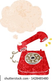 cartoon ringing telephone with thought bubble in grunge distressed retro textured style