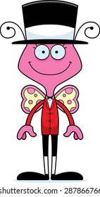 A cartoon ringmaster butterfly smiling.