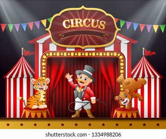 Cartoon Ringmaster And Many Animal Performance On The Stage