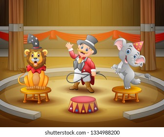 Cartoon ringmaster perform with animals on the arena