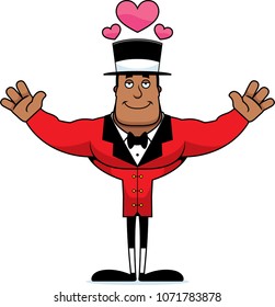 A cartoon ringmaster ready to give a hug.