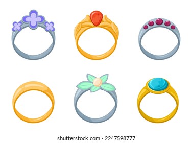 Anillos de caricatura listos. Precioso anillo dorado y plateado, glamuroso gesto joyas de piedra de gema ilustración plana vectorial sobre fondo blanco