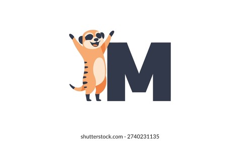 a cartoon ringtail lemur standing on its hind legs with its arms raised in a playful gesture next to a large black letter 'M' on a white background