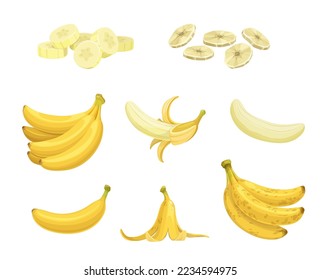 Cartoon ripe banana fruit and snacks. Banana peel, bunch of fresh and overripe tropical fruits isolated vector. Chopped and dried snack, natural food diet and healthy nutrition ingredient