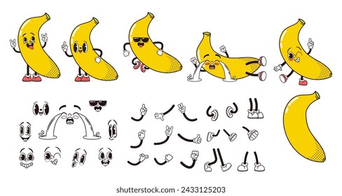 Caricatura Banana Madura Fruta Tropical Personaje Cuerpo Partes, Manos, Piernas Y Caras Kit De Construcción. Conjunto de vectores aislados