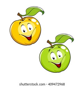 Cartoon Ripe fresh apple with leaf. Set of vector illustration. Isolated white background. Smiling Character Red apple. Green fruits. Healthy food